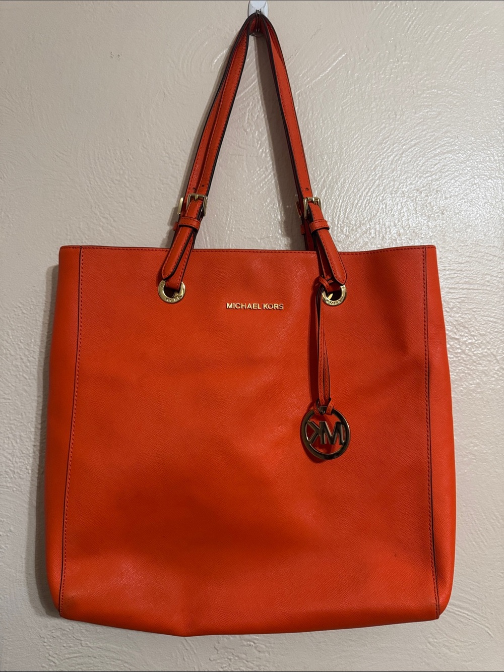 Michael Kors Bright Orange Leather Tote with MK Charm